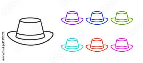 Black line Oktoberfest hat icon isolated on white background. Hunter hat with feather. German hat. Set icons colorful. Vector