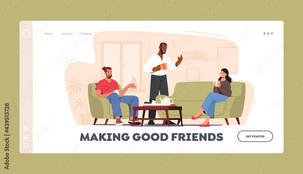 Friends Characters Meeting at Home Landing Page Template. Company of Young People Drinking Tea, Eating Cookies