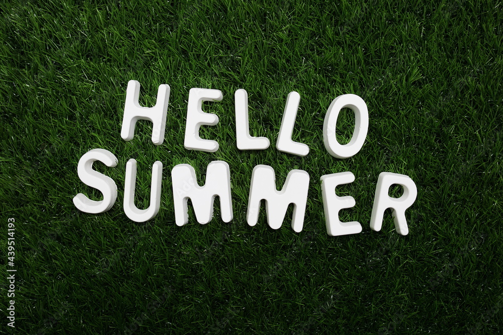 Hello Summer text message on green grass background Hello Summer text message on green grass background