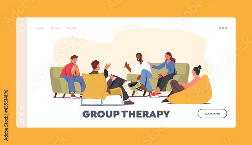 Group Therapy Landing Page Template. Characters Counseling with Psychologist on Psychotherapist Session. Doctor Patients