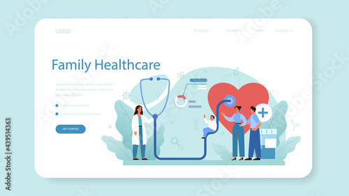 Family doctor web banner or landing page. Healthcare, modern medicine