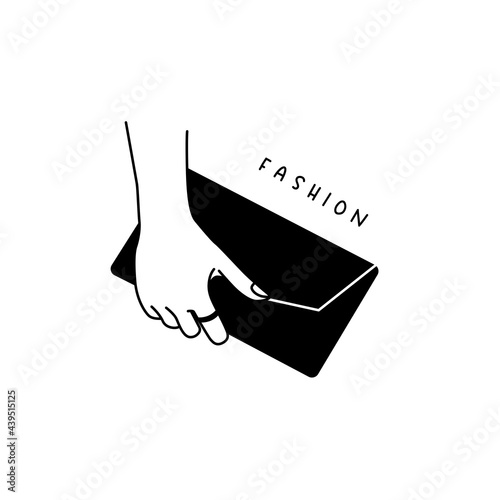 Female trendy illustration - hand holding clutch bag linear style.
