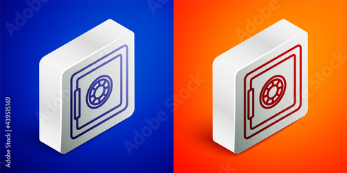 Isometric line Safe icon isolated on blue and orange background. The door safe a bank vault with a combination lock. Reliable Data Protection. Silver square button. Vector