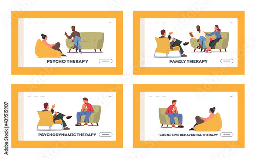 Group Therapy Treatment Landing Page Template Set. Characters Counseling with Psychologist on Psychotherapist Session
