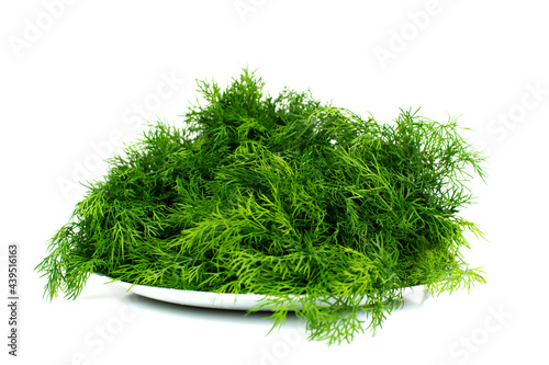 A plate with a lot of dill on a white background