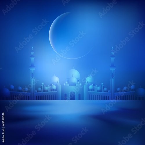 Muslim holiday banner concept with panoramic view. Moon and arabic sands background for islamic festival. Realistic night desert landscape with sky, crescent and mosque. Vector stock illustration.