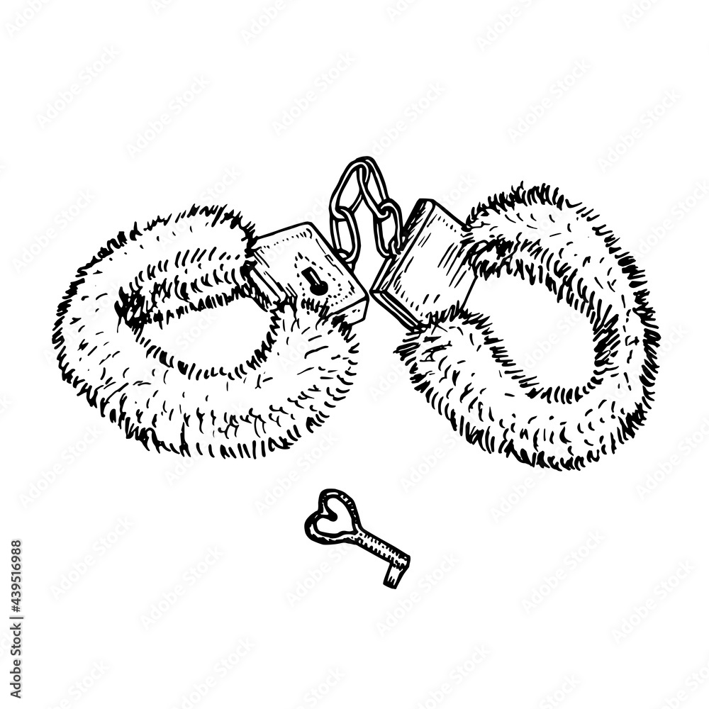 Fluffy handcuffs and key, gravure style ink drawing illustration isolated on white Stock Vector