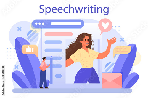 Speechwriting concept. Professional speaker or journalist write a content