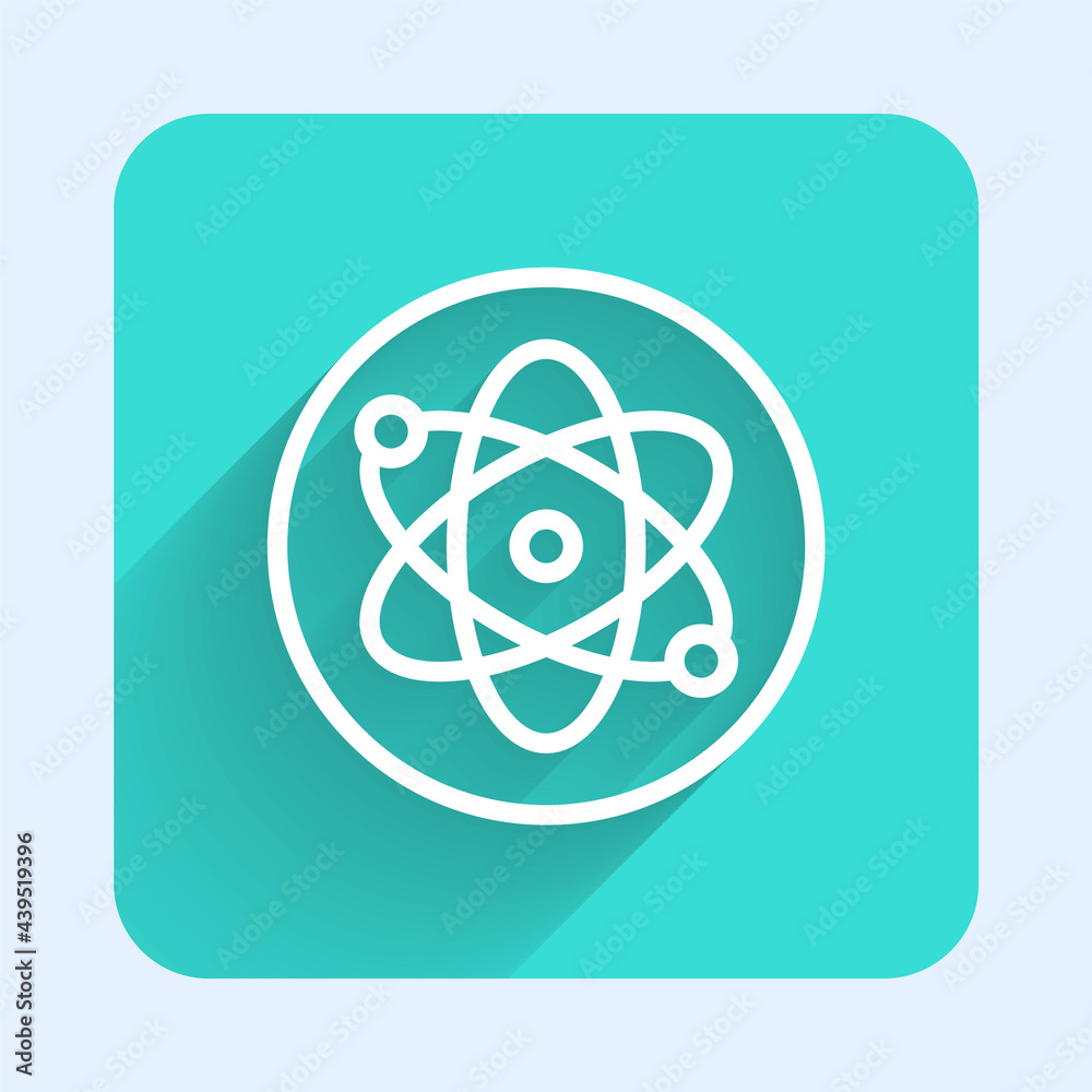 White line Atom icon isolated with long shadow background. Symbol of science, education, nuclear physics, scientific research. Green square button. Vector White line Atom icon isolated with long shadow background. Symbol of science, education, nuclear physics, scientific research. Green square button. Vector