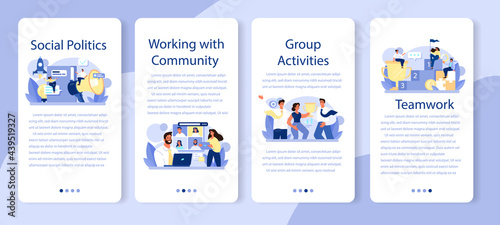 Community working mobile application banner set. Team building