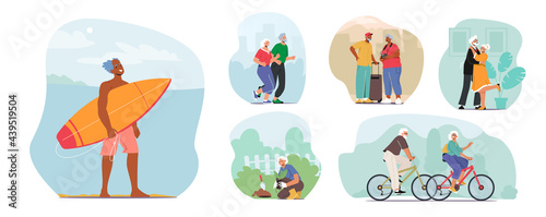 Set of Senior Characters Active Lifestyle, Aged Man and Woman Jogging, Surfing and Dancing. Pensioners Riding Bike