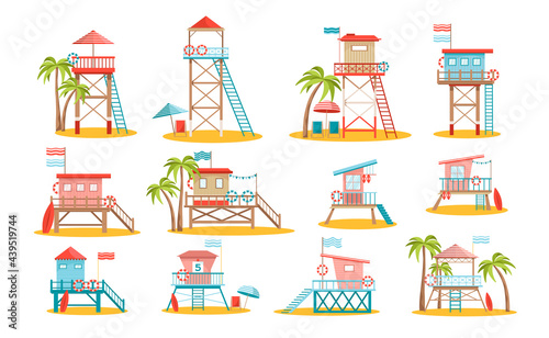 Set of Lifeguard Station Towers, Rescue Beach Watchtower Buildings with Ladder, Flag and Lifebuoy on Sandy Ocean Shore