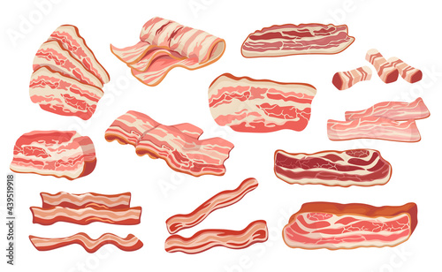 Set of Raw or Smoked Bacon Strips, , Thin Fatty Slices of Pork Rashers, Meat Delicious Food Isolated on White Background