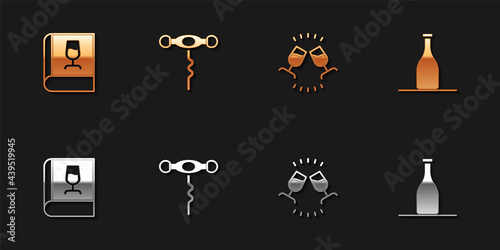 Set Book about wine, Wine corkscrew, tasting, degustation and Bottle of icon. Vector