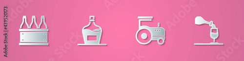 Set paper cut Bottles of wine in box, Old bottle, Tractor and Wine tasting, degustation icon. Paper art style. Vector