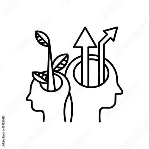 Two open human heads in profile icon. Creative mind. A tree and arrow from the head. Business growth concept. Thoughts about ecology. Symbol for: illustration, logo, web dev ui, ux, gui. Vector EPS 10