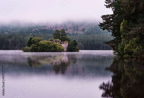 Loch an Eilein Castle in the mist at dawn. Rothiemurcus, Cairngorms. photo