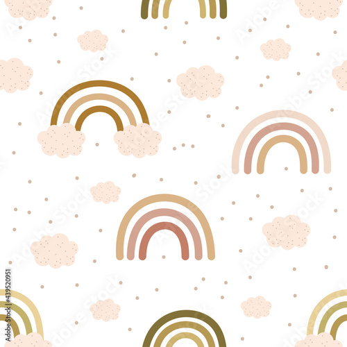 Rainbows seamless pattern. Scandinavian cute print for nursery t-shirts, textiles, wrapping paper, kids apparel, invitation cover. Bright colored childish vector illustration.