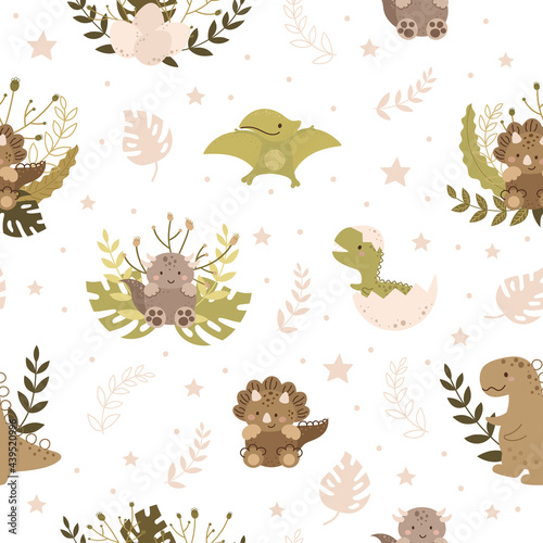 Dinosaur baby seamless pattern. Scandinavian cute print for nursery t-shirts  textiles  wrapping paper  kids apparel  invitation cover. Bright colored childish vector illustration.