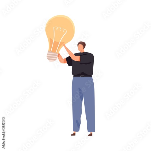 Tiny person with big light bulb as symbol of creative idea. Man and lightbulb. Concept of creativity, solving problems, finding answers. Colored flat vector illustration isolated on white background