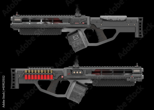 3D render of a tactical full-automatic triple-barreled shotgun photo