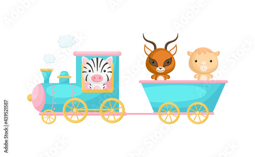Cute cartoon turquoise train with zebra driver and gazelle, camel on waggon on white background. Design for childrens book, greeting card, baby shower, invitation, wall decor. Vector illustration.