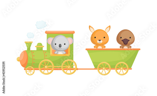 Cute cartoon green train with koala driver and kangaroo, platypus on waggon on white background. Design for childrens book, greeting card, baby shower, invitation, wall decor. Vector illustration