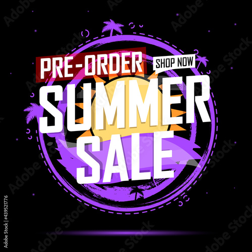 Pre-Order Summer Sale, banner design template, discount tag, open season, shopping poster, vector illustration