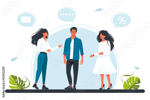 a team of people are discussing something with each other. Men and women giving stars, rating. Business people meeting. Vector illustration