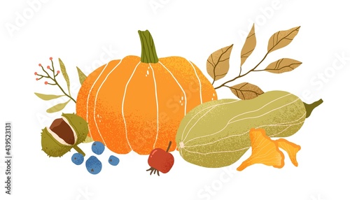 Autumn vegetable composition with pumpkin, squash, leaves, berries, fruits and mushrooms. Autumnal still life of fall season harvest. Colored flat vector illustration isolated on white background