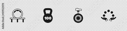 Set Roller coaster, Weight, Unicycle or one wheel bicycle and Juggling ball icon. Vector