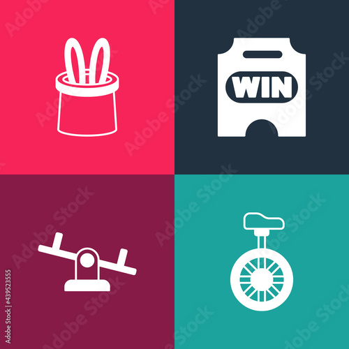 Set pop art Unicycle or one wheel bicycle, Seesaw, Circus ticket and Magician hat and rabbit ears icon. Vector