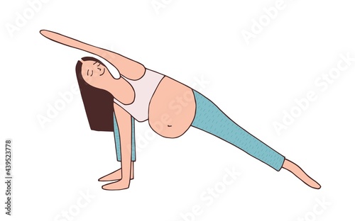 Young pregnant woman doing yoga exercise, stretching her body. Workout of happy mother with belly. Prenatal fitness during pregnancy. Colored flat vector illustration isolated on white background