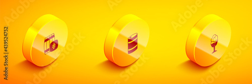 Set Isometric Wooden barrel, Metal beer keg and Glass of icon. Vector