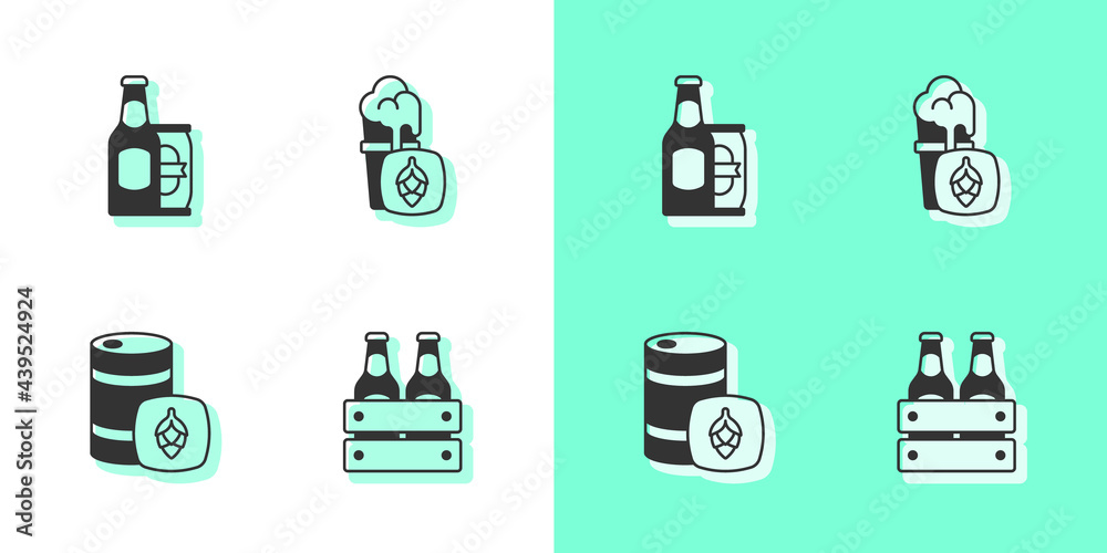 Set Pack of beer bottles, Beer and can, Metal keg and Glass icon. Vector Set Pack of beer bottles, Beer and can, Metal keg and Glass icon. Vector