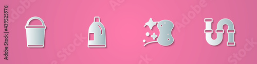 Set paper cut Bucket, Bottle for cleaning agent, Sponge and Industry metallic pipe icon. Paper art style. Vector