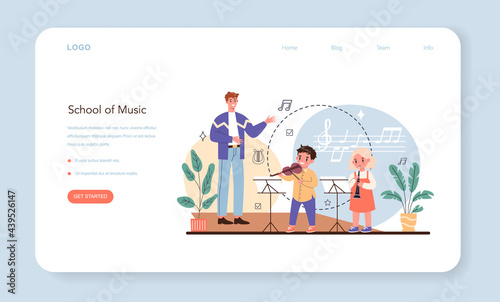 Music school web banner or landing page. Kids playing music instruments