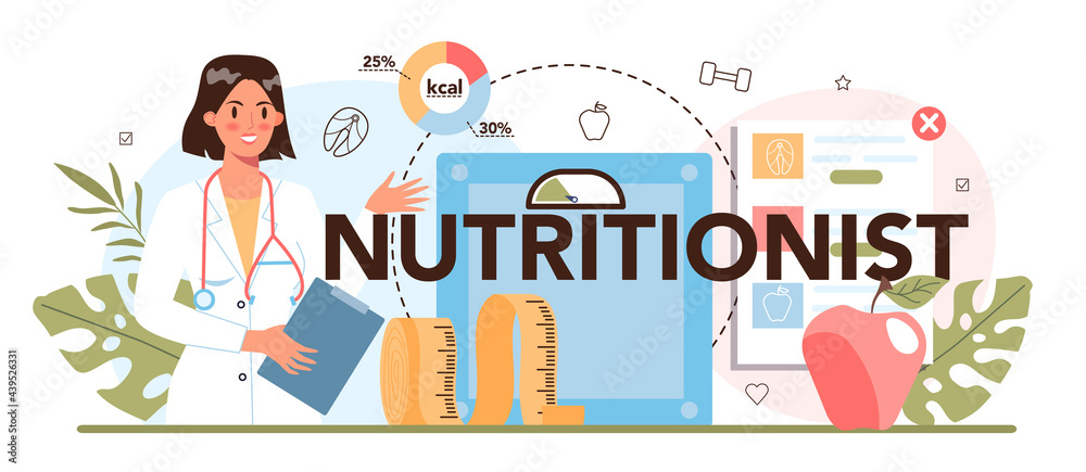 Nutritionist typographic header. Nutrition therapy with healthy food