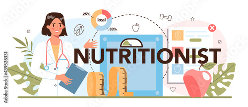 Nutritionist typographic header. Nutrition therapy with healthy food
