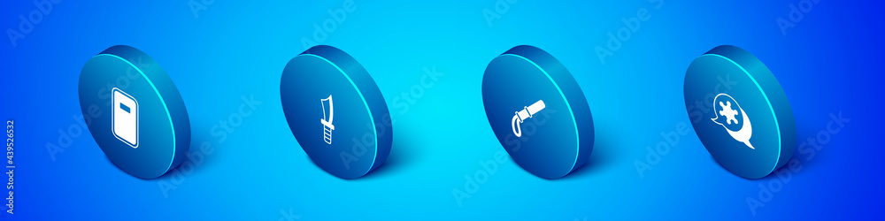 Set Isometric Police assault shield, rubber baton, Hexagram sheriff and Military knife icon. Vector