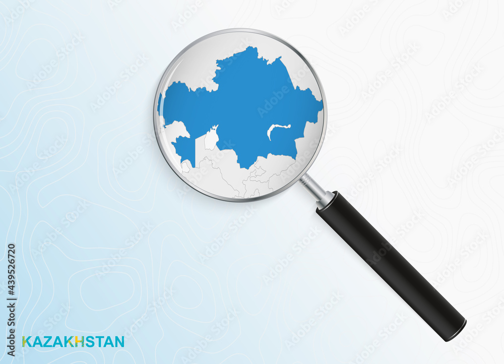 Magnifier with map of Kazakhstan on abstract topographic background. Magnifier with map of Kazakhstan on abstract topographic background.