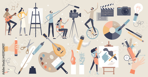 Arts set as professional creative entertainment theme items tiny person concept. Isolated elements with painting, cinematography, photography, music and literature fields symbols vector illustration.