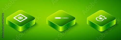 Set Isometric Telescopic baton, Police badge and Safe icon. Vector