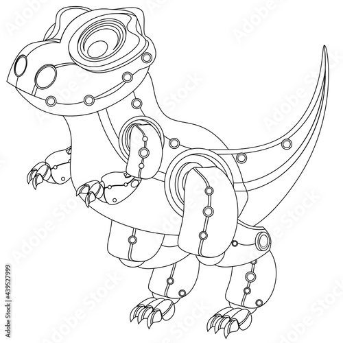Cute and funny robot dinosaur in steampunk style. Vector coloring book on the theme of robotics on a white background.