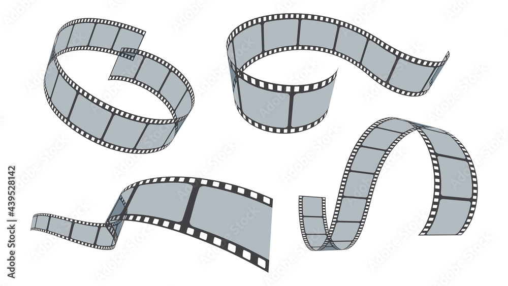 Retro 35mm foto and movie film roll vector set isolated on white  background. Collection of blank cinema film strip frames with transparency  and different shape effect. Film strip in perspective. Stock Vector