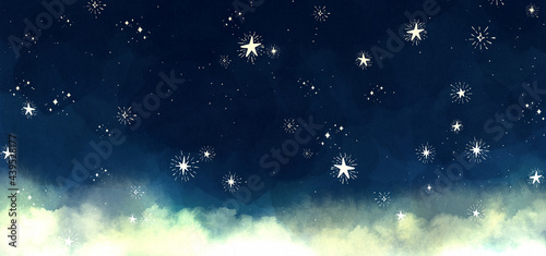水彩風　きらきら　手描きの星空の背景イラスト