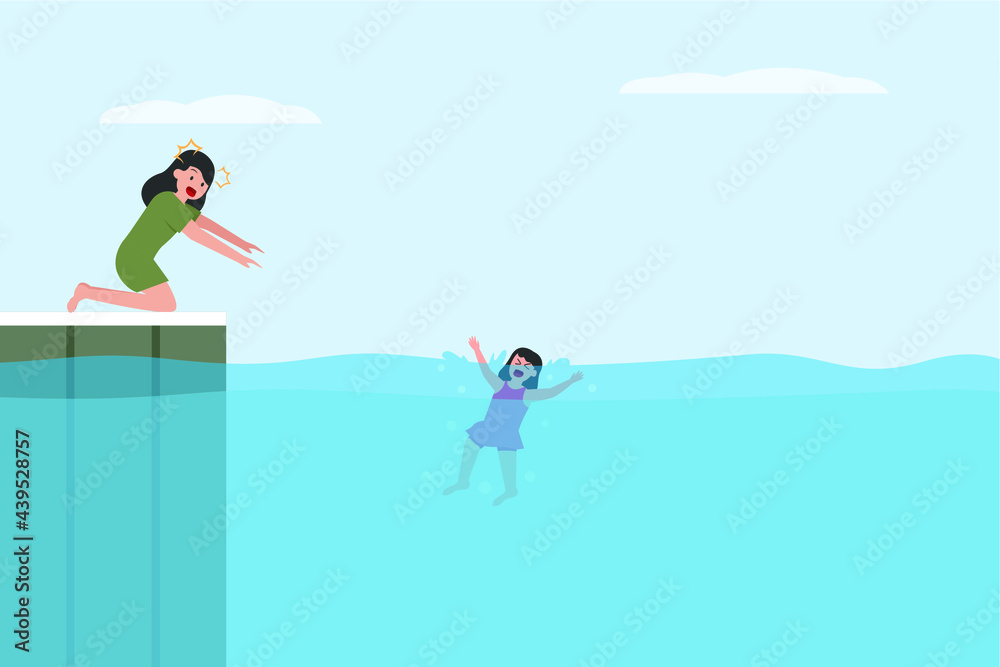 Drowning vector concept: Young mother trying to help her daughter drowning on the sea 
