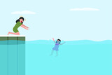 Drowning vector concept: Young mother trying to help her daughter drowning on the sea 