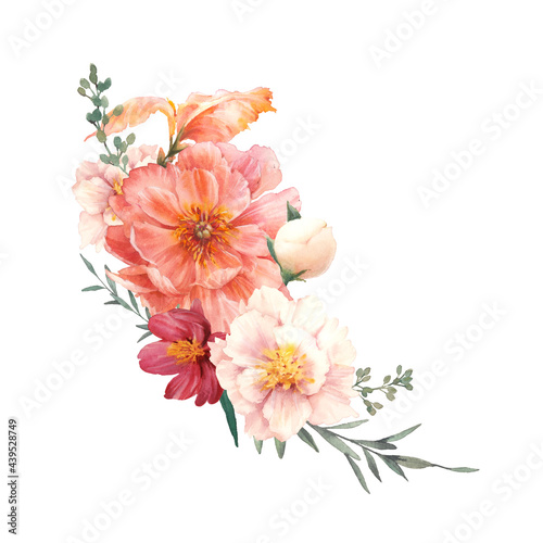 Watercolor peony flowers composition. Floral arrangement illustration isolated on white background