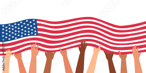 Diverse hands are holding the flag of the united states of america. 4th of july independence day concept. November 9 Patriot Day. Horizontal banner template. Isolated on white vector illustration.